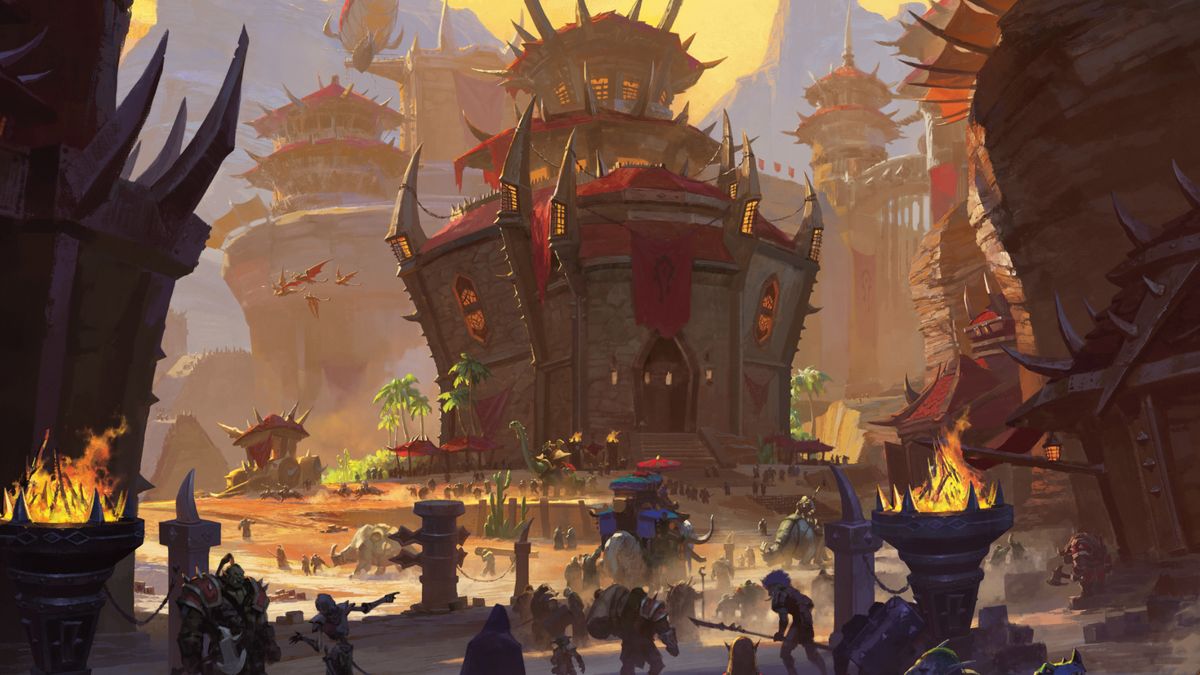 Orgrimmar buildings and citizens walking through the city