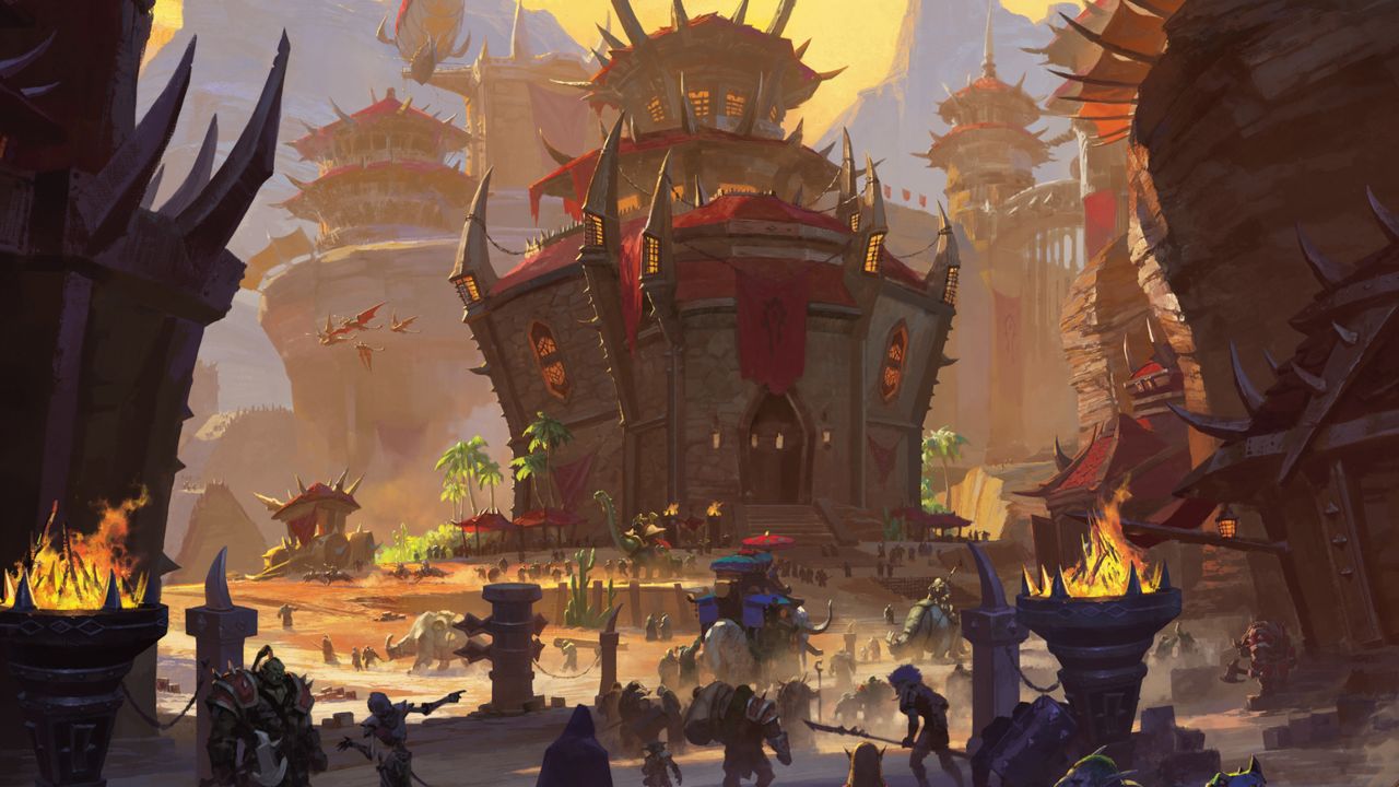 Orgrimmar buildings and citizens walking through the city