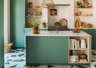 Smooth cabinets styles with one color used for the cabinets. Open shelves have also been placed around the kitchen worktop, adding a classy touch to the space.