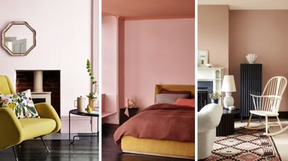 A composite image of three different pink paint colors in situ on walls in living rooms and bedrooms