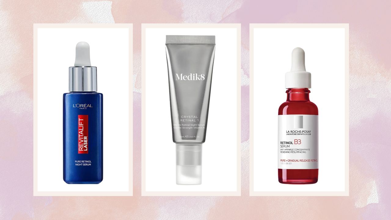 A selection of three of the best Retinol creams and serums from brands including L&#039;Oreal, Medik8 and La Roche-Posay/ in a purple and peach watercolour template