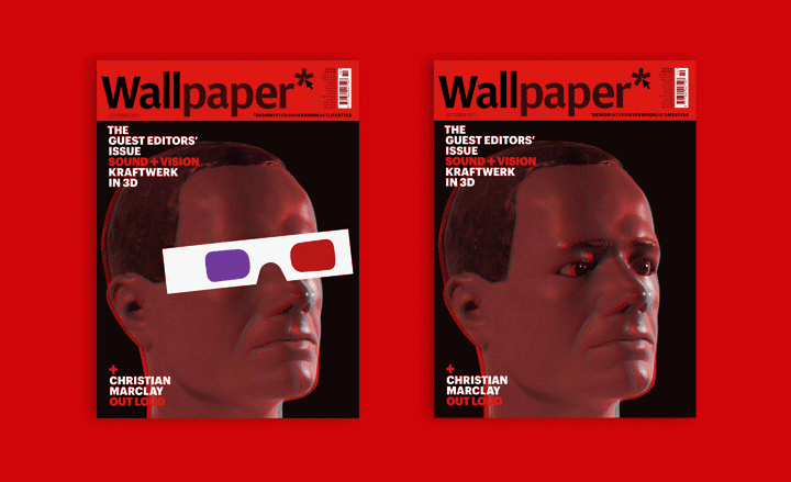 Wallpaper's October 2011 Kraftwerk cover, featuring Ralf Hütter in 3D robot form, with and without 3D glasses