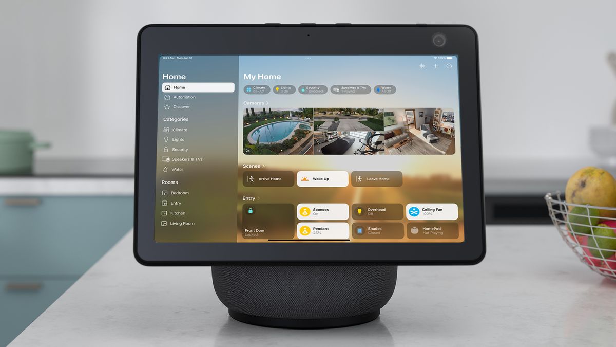 A mock up of an Apple HomePod hub based on the Amazon Echo Show 10 sitting on a kitchen table