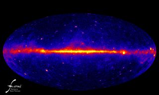 A map of the gamma-ray sky, taken with NASA's Fermi telescope. The so-called empty-sky GRBs appear far above and below the map's center, which shows the center of our galaxy.