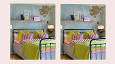 @mylifeinmulticolor bedroom with green comforter blue walls and wall art on a shelf