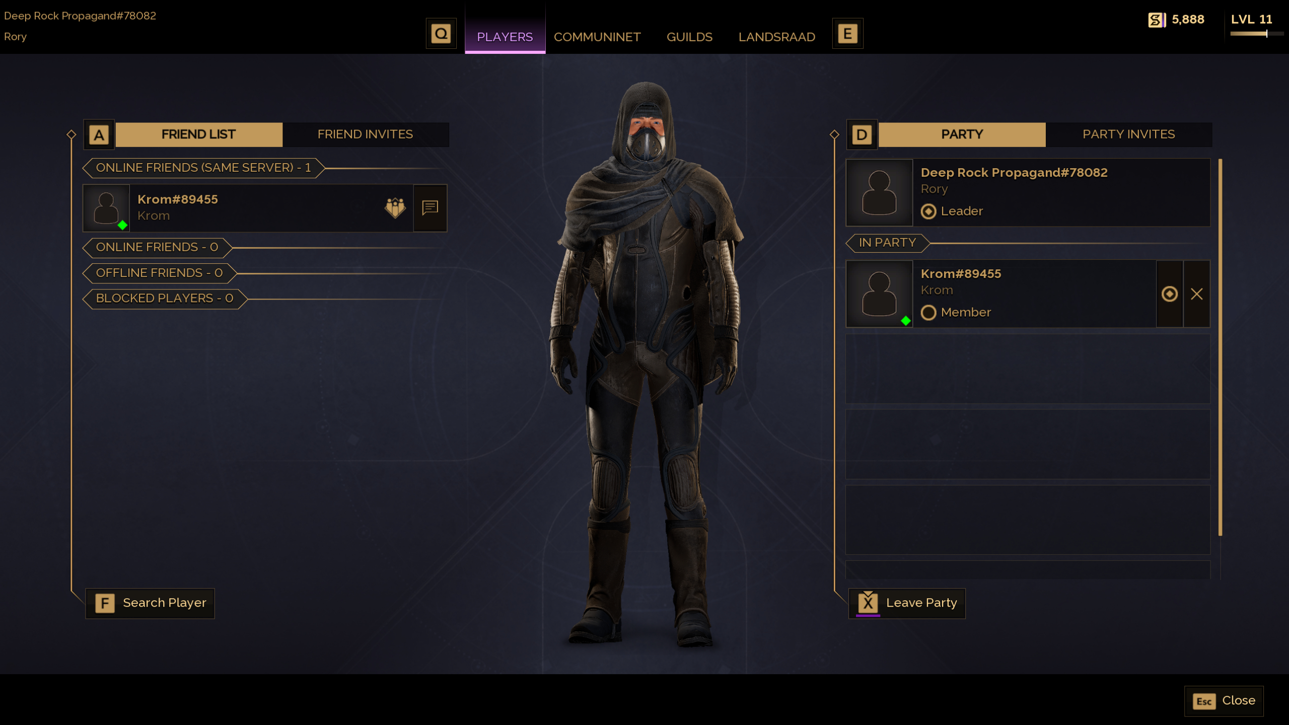 Dune: Awakening multiplayer - The party management screen, with a custom character at the centre.