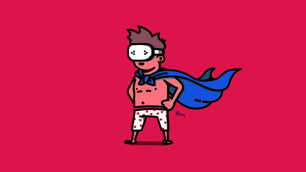 Cartoon illustration of a man wearing a Meta Quest 3S in his shorts with a blanket tied around his shoulders to look like a superhero on a pink background.