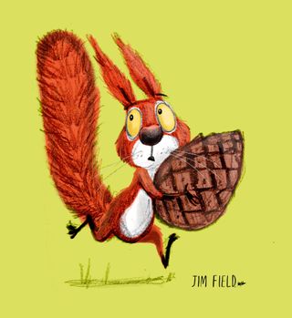 Illustrating children's books: Digital colour image of Cyril running holding a pinecone