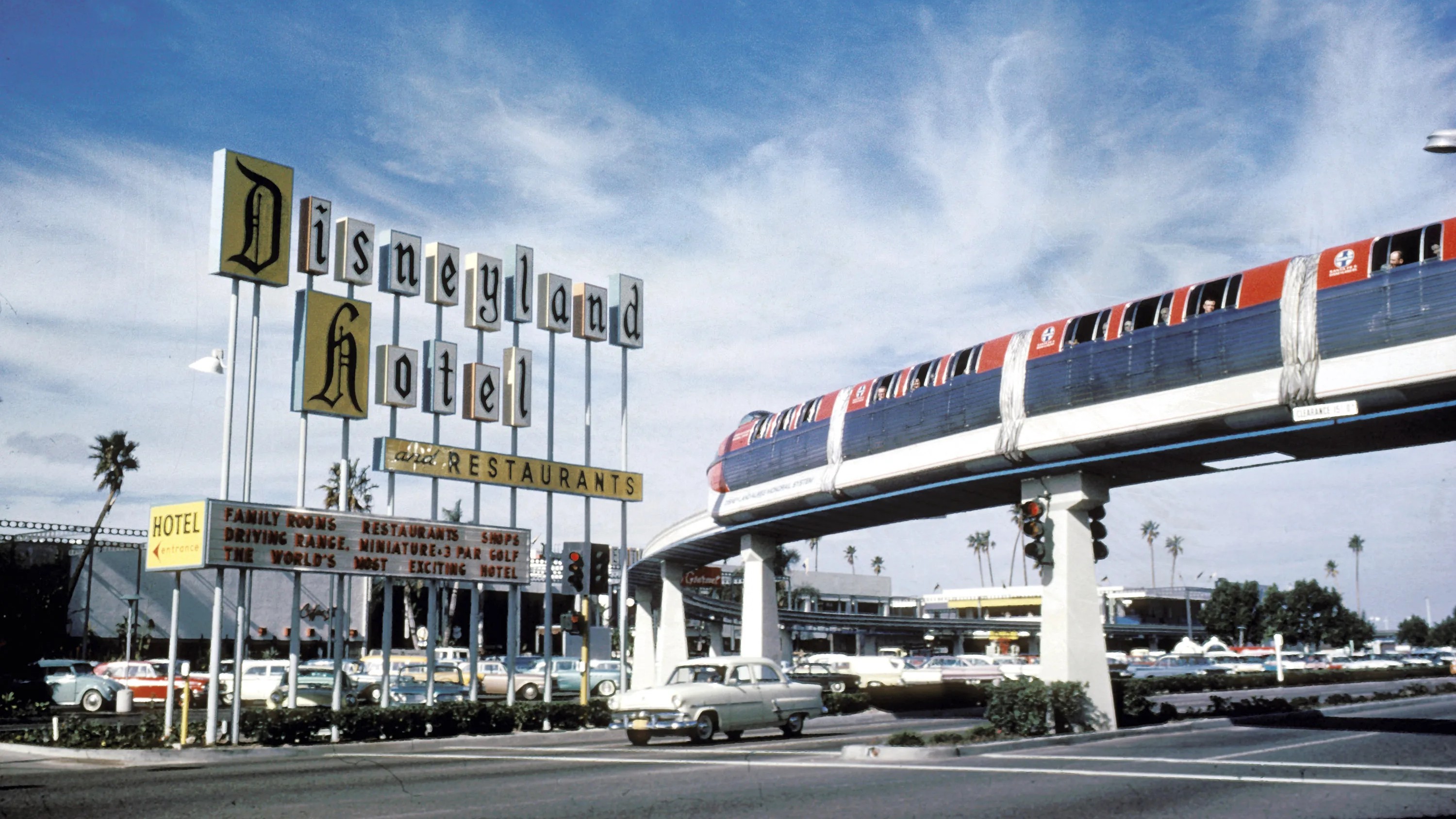 Disneyland Hotel with monorail in the 1960s