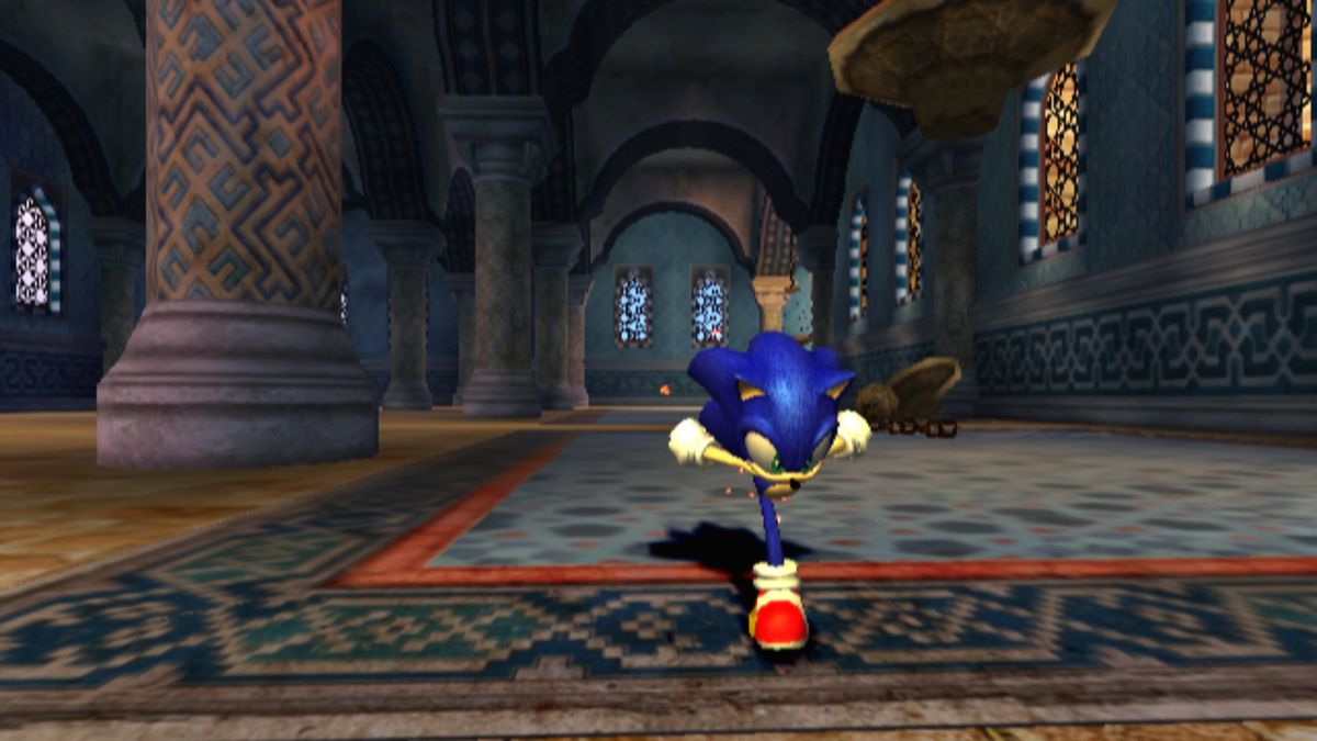 Sonic runs across a rug in a castle building with stained glass windows in Sonic and the Secret Rings