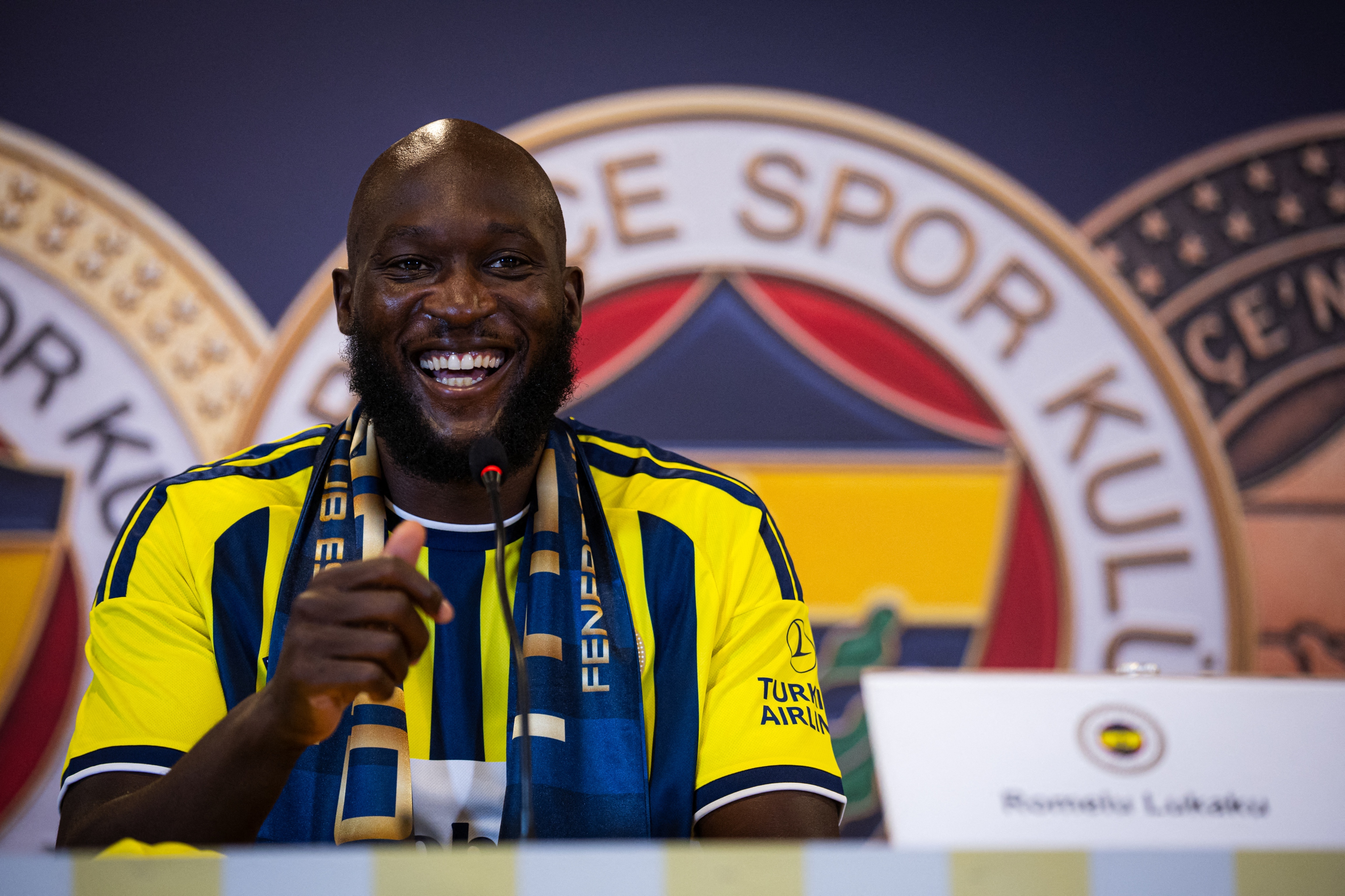 Belgian Romelu Lukaku  pictured at a press moment for the signing of his new contract with the Turkish S&uuml;per Lig team Fenerbah&ccedil;e SK in Istanbul, Turkey on Friday 14 August 2026. 
