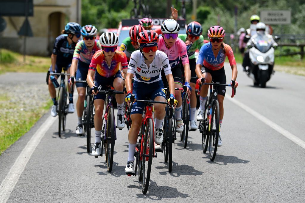 CERES ITALY JULY 04 Gaia Realini of Italy and Team Lidl Trek White Best Young Rider Jersey leads the breakaway during the 34th Giro dItalia Donne 2023 Stage 5 a 1056km stage from Salassa to Ceres UCIWWT on July 04 2023 in Ceres Italy Photo by Dario BelingheriGetty Images