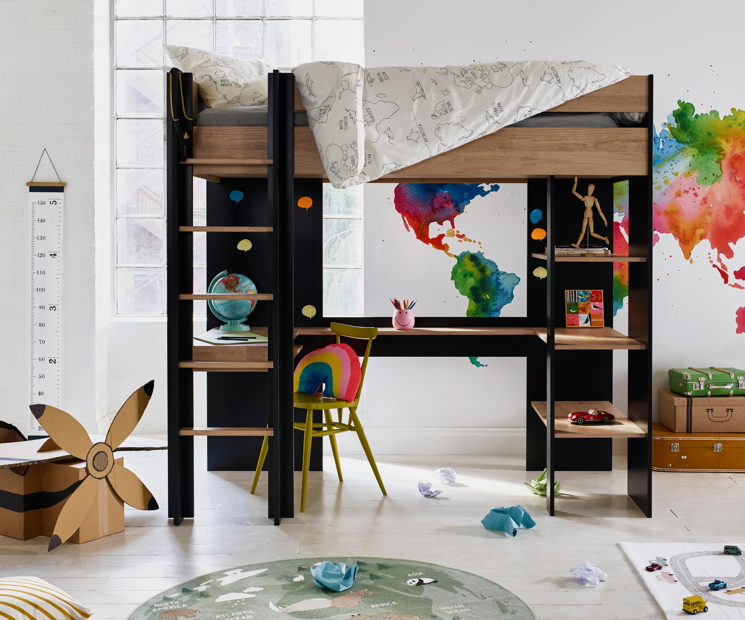 high sleeper bunk style bed in black and wood with desk below