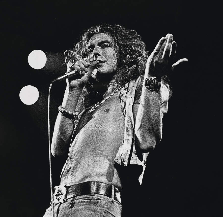 Lead singer Robert Plant performing with his band 'Led Zeppelin' at the Seattle Coliseum, June 1972.
