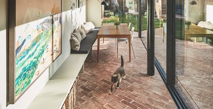narrow kitchen flooring in diagonal terracotta tiles