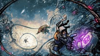 A stylized drawing of a climber reaching for a glowing artifact while their teammate falls below, the rope having snapped or been cut