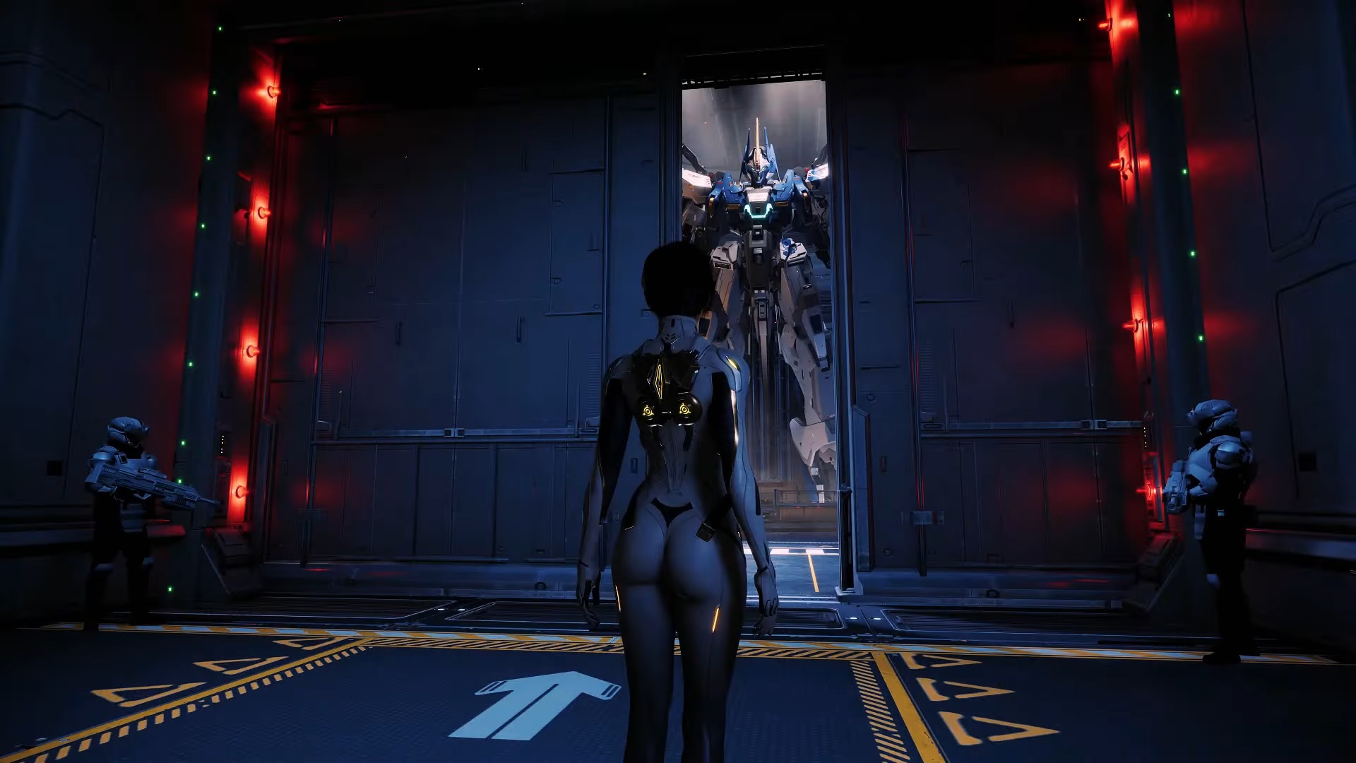 Pilot viewing their mech through a cracked industrial scale door in the hangar in the videogame Mecha  Break