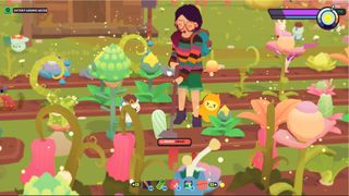 best Pokémon games - Ooblets - A trainer dances with a group of Ooblets in a crop field.