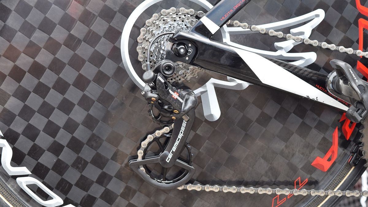Team Cofidis' Campagnolo Super Record EPS rear derailleurs have been customised with CeramicSpeed's OSPW system