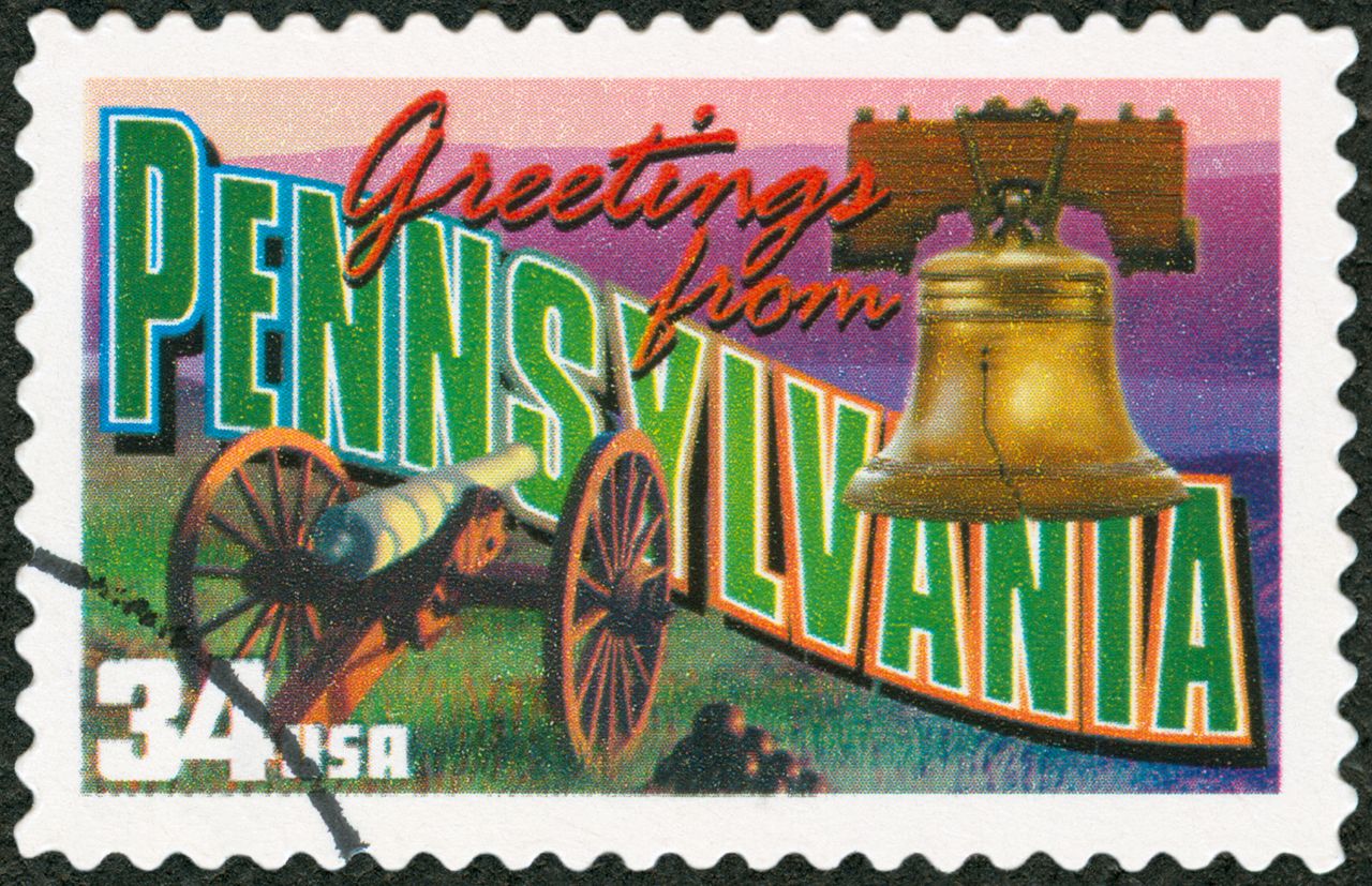 rendering of a postage stamp for Pennsylvania