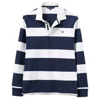 White Collar Long Sleeve Stripe Rugby Shirt on white background