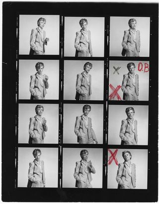 The contact sheet from Terry O’Neill's famous shoot with David Bowie, with the musician's favorite image highlighted