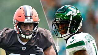 (L, R) Nick Chubb #24 of the Cleveland Browns and Sauce Gardner #1 of the New York Jets will likely play in the NFL Hall of Fame Game live stream