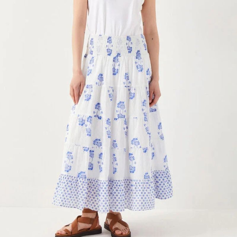 East , Amber Hand-Screen Printed Midi Skirt Ivory