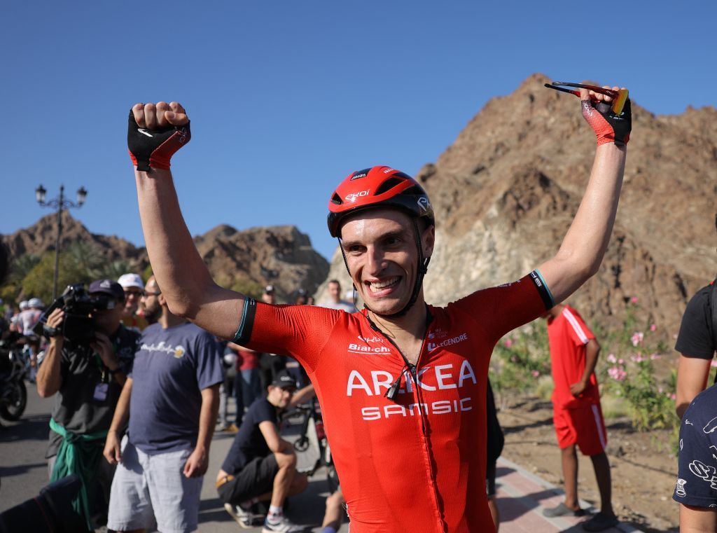 Team ArkeaSamsic Belgian rider Jenthe Biermans celebrates after winning the sprint race of the Muscat Classic on February 10 2023 Photo by Thomas SAMSON AFP Photo by THOMAS SAMSONAFP via Getty Images