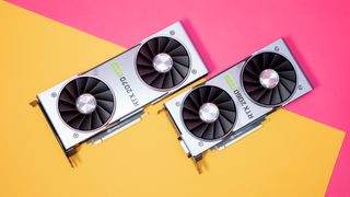Nvidia GeForce RTX 2060 Super and RTX 2070 Super on pink and yellow background