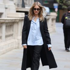 Sienna Miller wears a Mango Coat, Mango shirt and Mango trousers