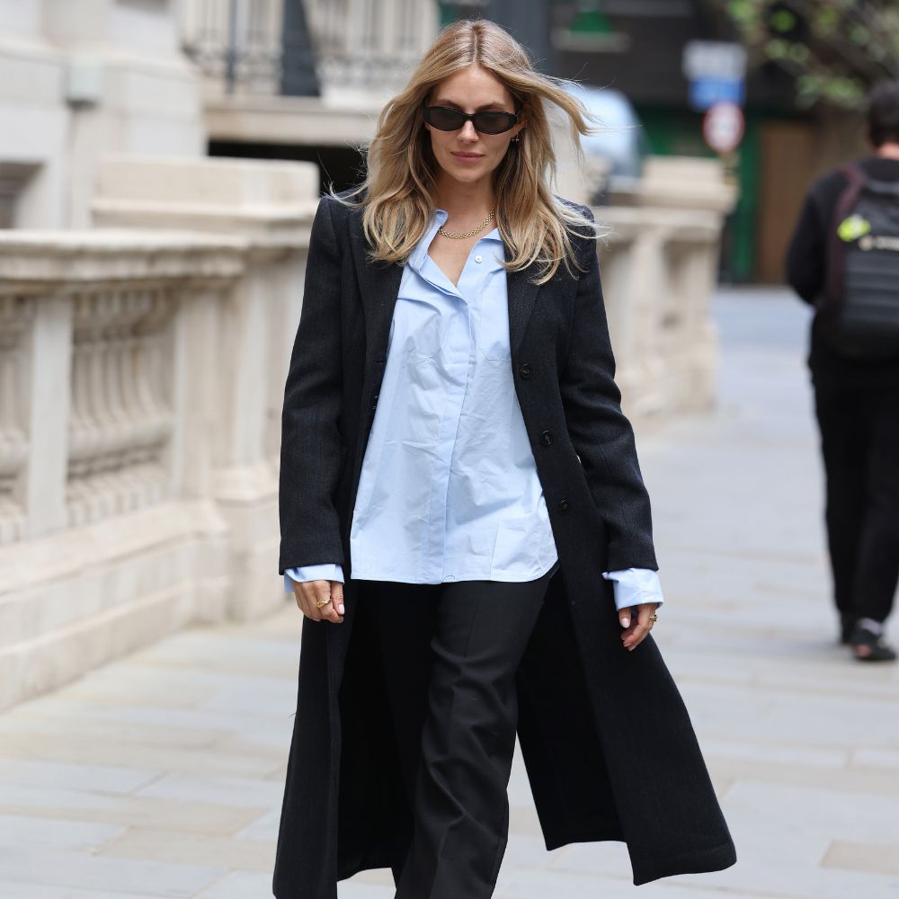 Sienna Miller wears a Mango Coat, Mango shirt and Mango trousers