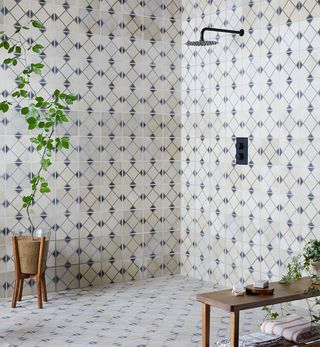 wet room with patterned blue and white tiles