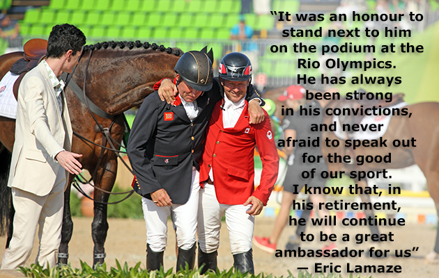 Rio de Janeiro, Brazil. 19th August, 2016. Nick Skelton GBR, Gold Medal Winner in the Olympic Equestrian Show Jumping event hugs Eric Lamaze of Canada, the Bronze Medal Winner in Rio de Janeiro, Brazil. Credit: PictureScotland/Alamy Live News