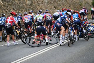 ALDINGA AUSTRALIA JANUARY 17 A general view of the peloton being involved in a crash during the 9th Santos Womens Tour Down Under 2025 Stage 1 a 101 9km stage from Brighton to Snapper PointAldinga UCIWWT on January 17 2025 in Aldinga Australia Photo by Dario BelingheriGetty Images