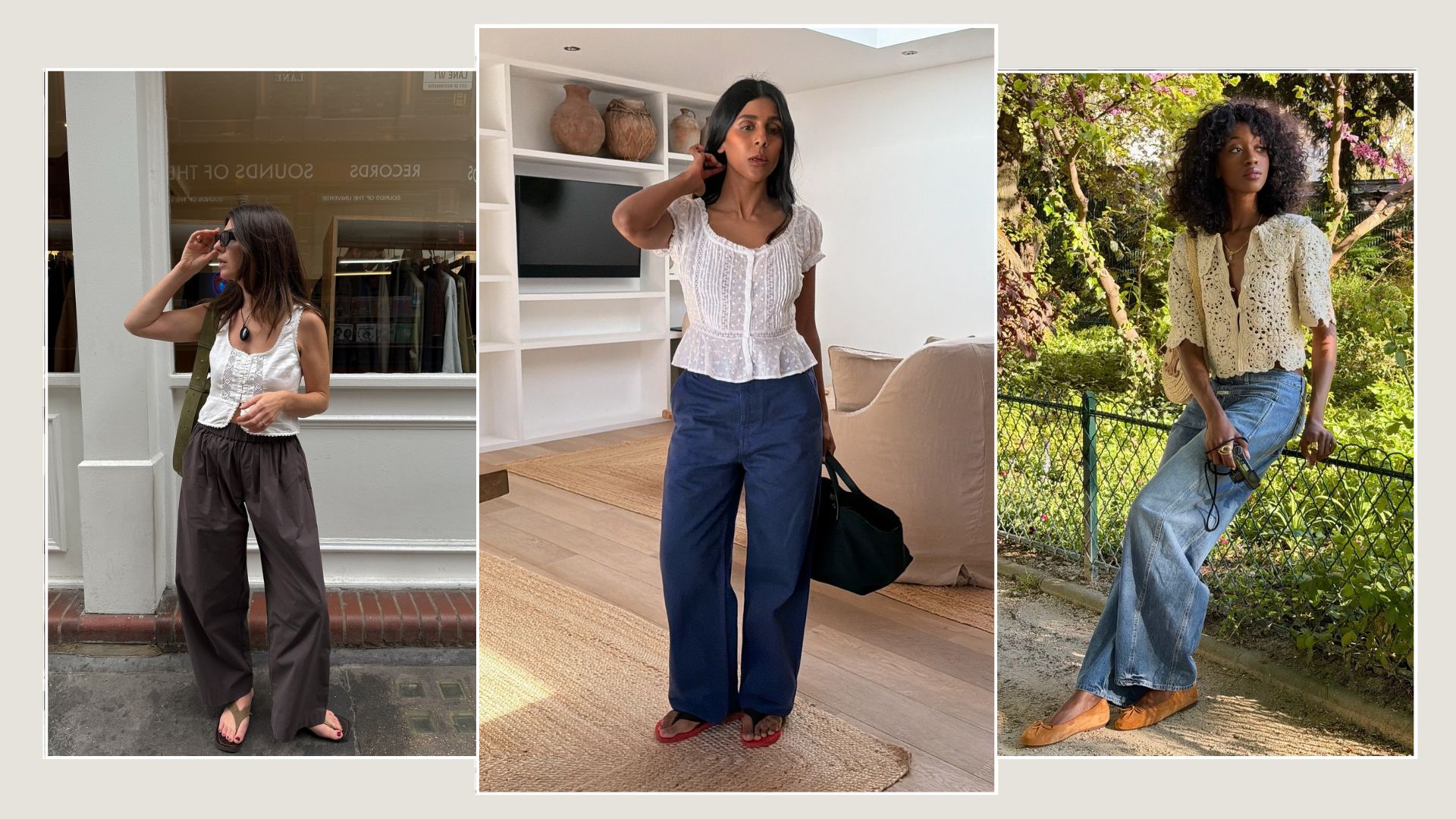 Woman wears blouse and brown trousers; woman wears blouse and blue trousers; woman wears blouse and jeans