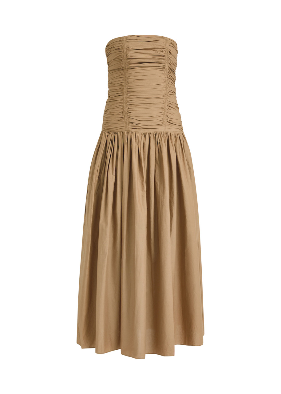 Strapless Drop Waist Cotton-Poplin Midi Dress