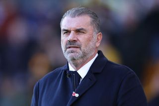Ange Postecoglou, Manager of Tottenham Hotspur, looks on prior to the Premier League match between Wolverhampton Wanderers and Tottenham Hotspur at Molineux on November 11, 2023 in Wolverhampton, England. (Photo by Jack Thomas - WWFC/Wolves via Getty Images)