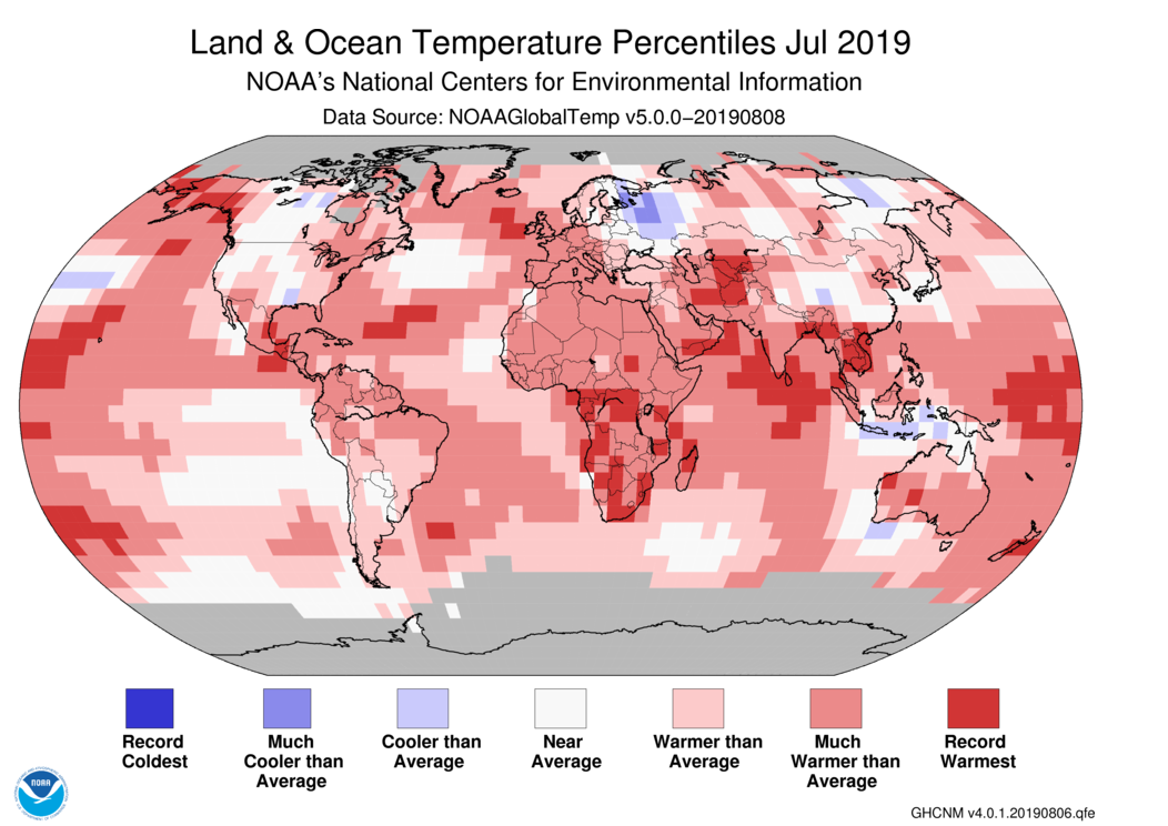 A global temperature map shows that nearly the entire planet was warmer than average this July.