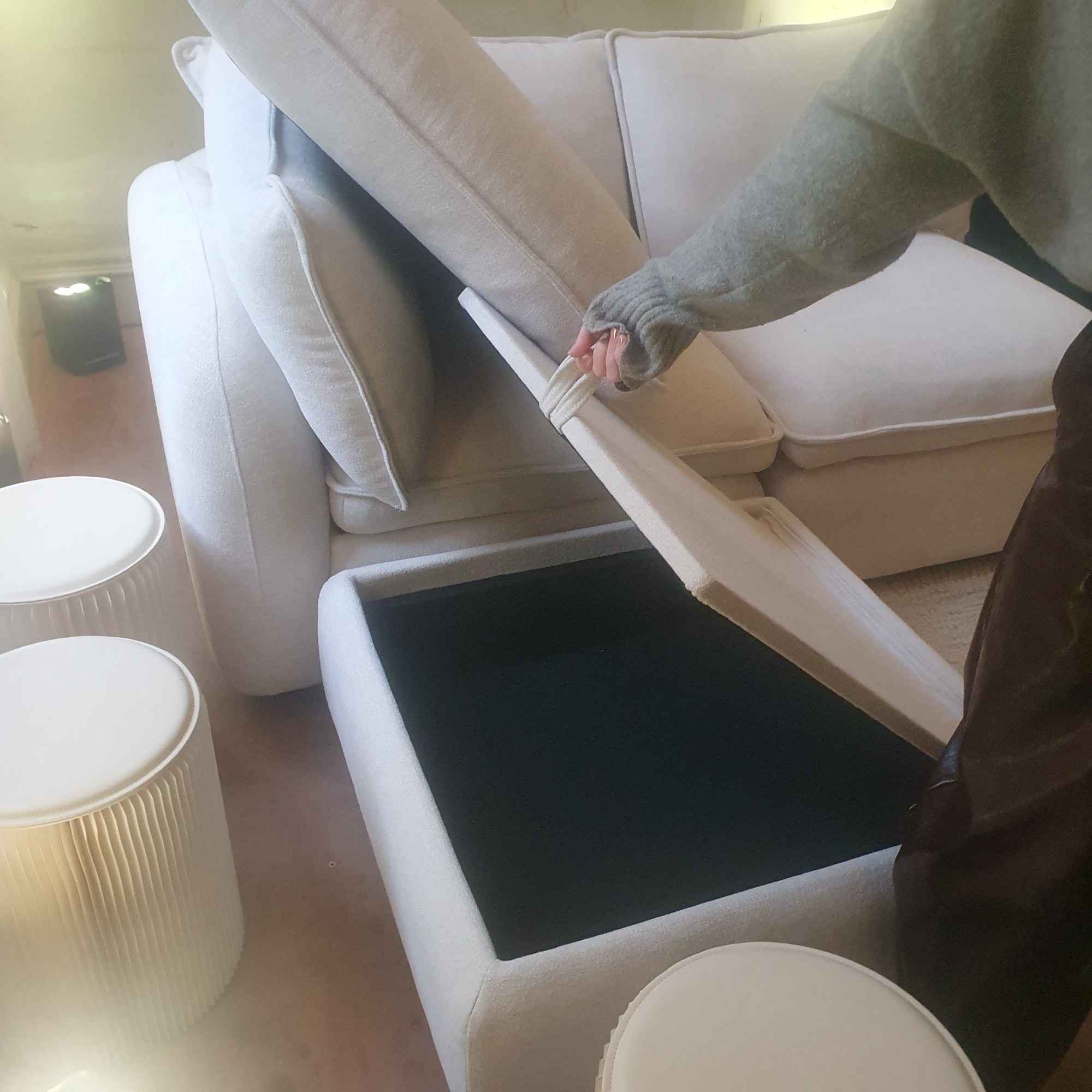 The Next Crosby modular storage sofa at the brand's autumn/winter 2025 press preview with the internal storage space revealed