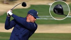 Bryson DeChambeau strikes a tee shot with a driver, whilst a close up of the club is shown in the right corner