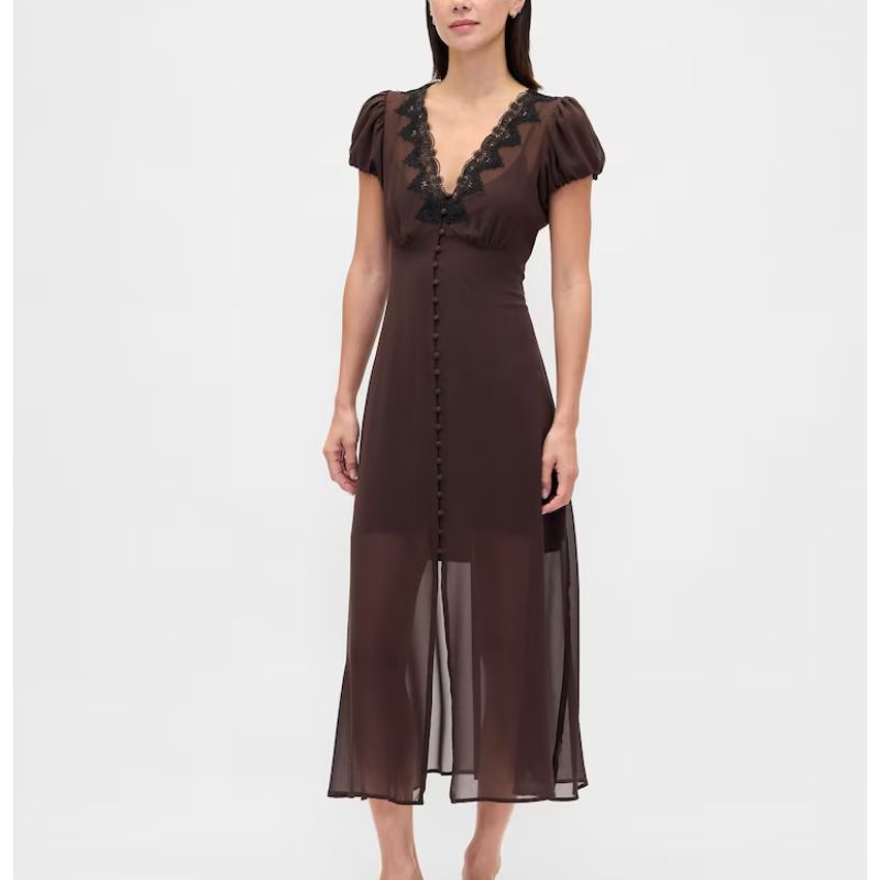 GAP , Brown Lace-Trim V Neck Maxi Dress