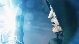 Doctor Victor von Doom stopping an attack from Thor with Stormbreaker in Avengers: Doomsday