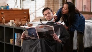 Ellen (Tien Tran) shaving Charlie (Tom Ainsley)'s neck in their shared aprtment in How I Met Your Father season 2