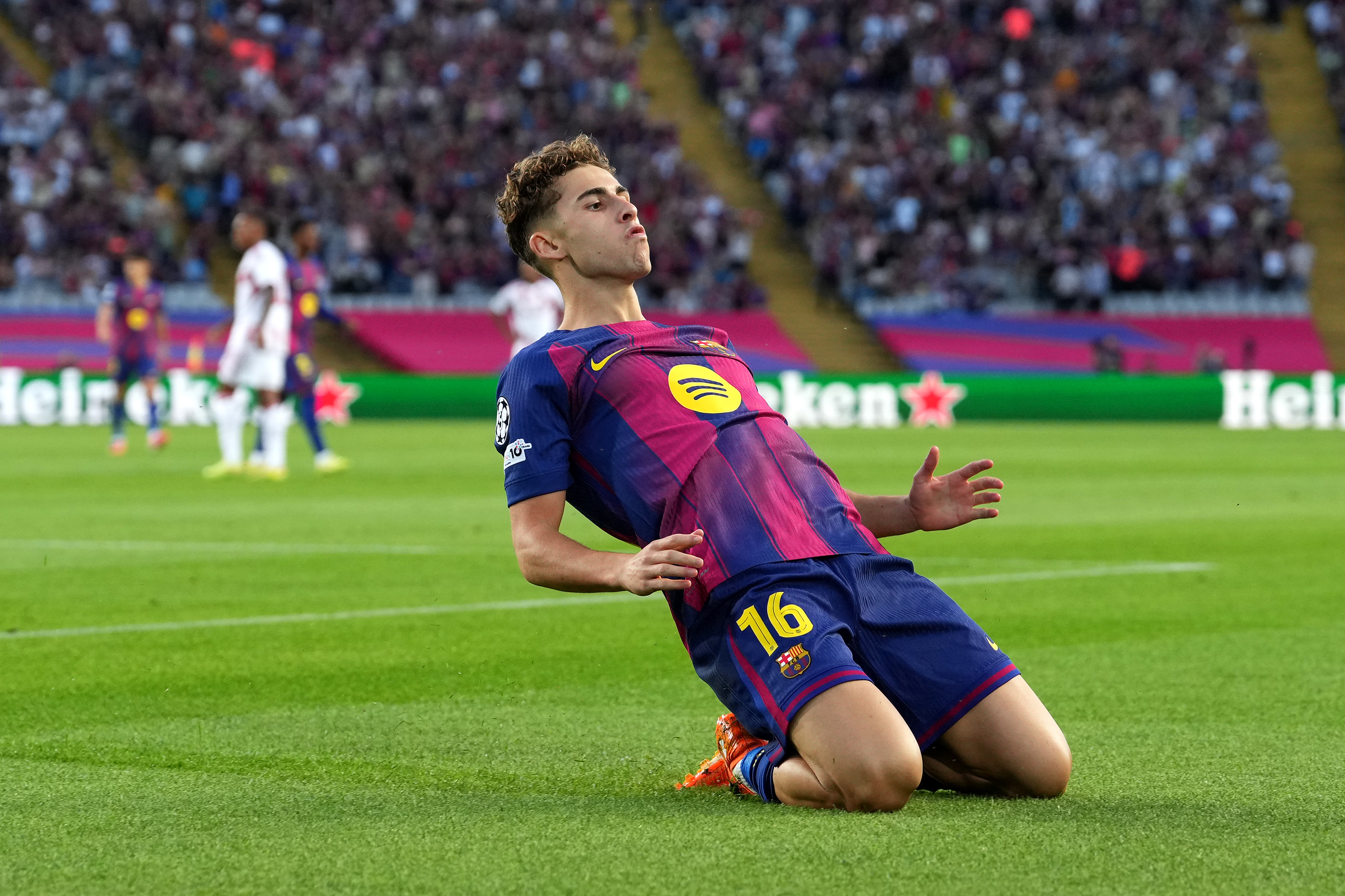 Fermin Lopez of FC Barcelona celebrates scoring his team&#039;s first goal during the UEFA Champions League 2025/26 League Phase MD3 match between FC Barcelona and Olympiacos FC at Estadi Olimpic Lluis Companys on October 21, 2025 in Barcelona, Spain.