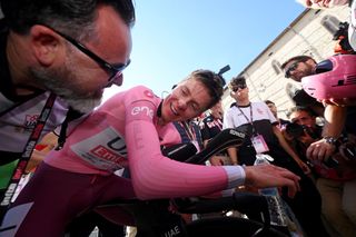 PERUGIA ITALY MAY 10 Stage winner Tadej Pogacar of Slovenia and UAE Team Emirates Pink Leader Jersey reacts after the 107th Giro dItalia 2024 Stage 7 a 406km individual time trial stage from Foligno to Perugia 472m UCIWT on May 10 2024 in Perugia Italy Photo by Dario BelingheriGetty Images