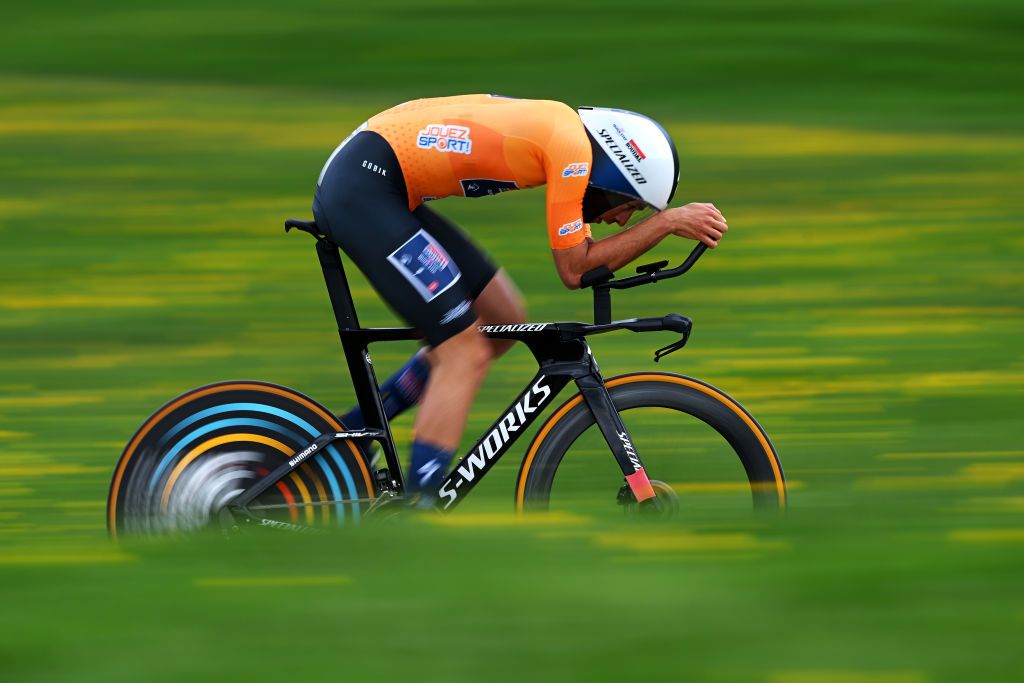 CHTELSAINTDENIS SWITZERLAND APRIL 28 Ethan Vernon of United Kingdom and Team Soudal QuickStep Orange Points Jersey sprints during the 76th Tour De Romandie 2023 Stage 3 a 1875km individual time trial stage from ChtelSaintDenis to ChtelSaintDenis UCIWT on April 28 2023 in ChtelSaintDenis Switzerland Photo by Dario BelingheriGetty Images