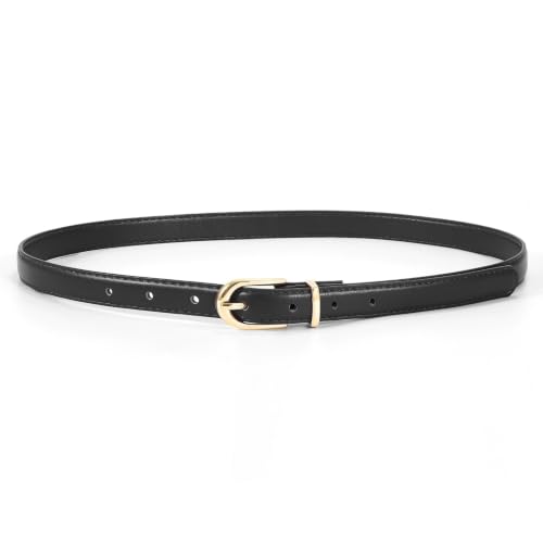 Jasgood Womens Thin Leather Belt Skinny Faux Leather Belt for Jeans Dress With Gold Alloy Buckle,black/fit Waist Size 26-30 Inch