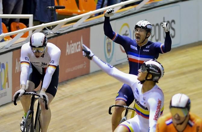 Francois Pervis celebrates after winning the gold medal during Men's Keirin