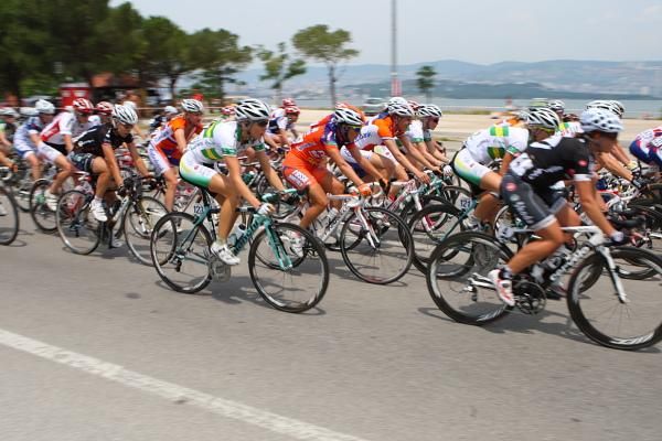 The bunch passes a beach in Muggia, on the Adriatic Sea